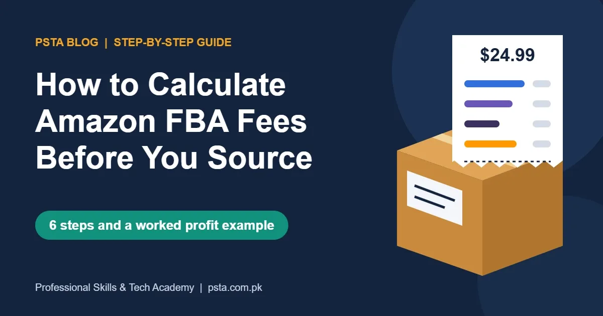 Amazon FBA fees guide poster showing a parcel box and a $24.99 receipt