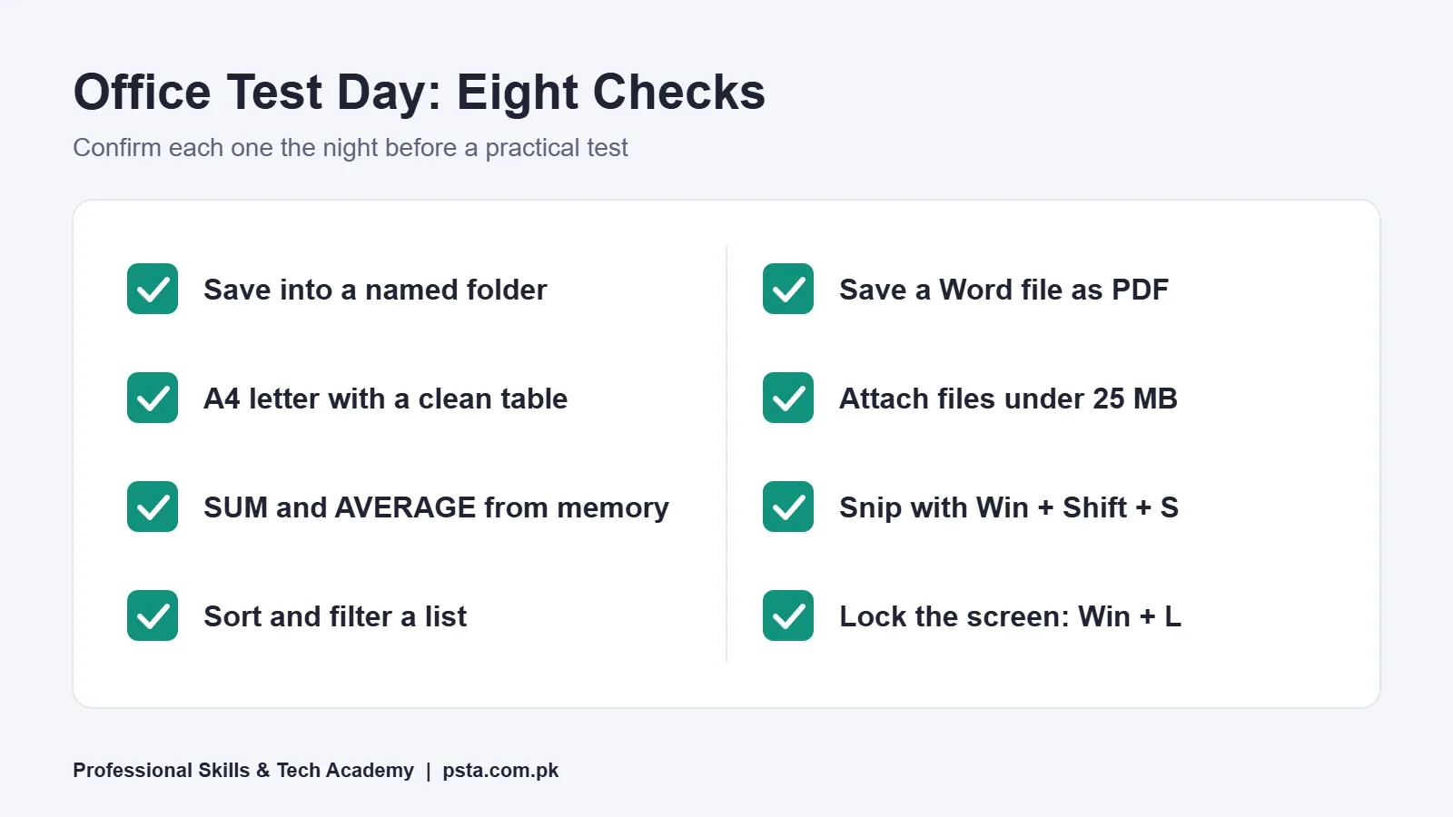 Office test day checklist card with eight basic computer skills to confirm