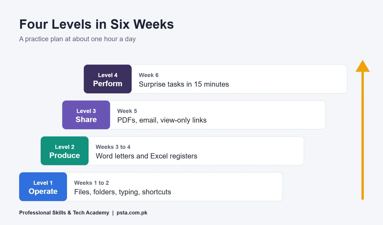Skill ladder showing four levels of basic computer skills over six weeks