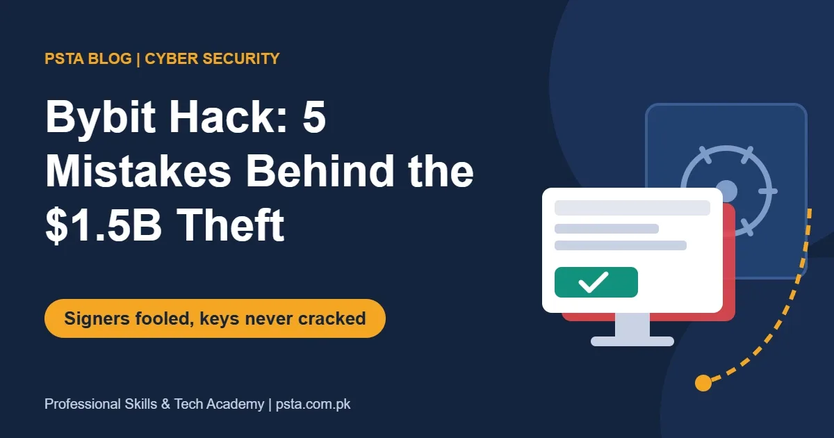 Bybit hack case study poster showing a fake approval screen in front of a cold wallet vault