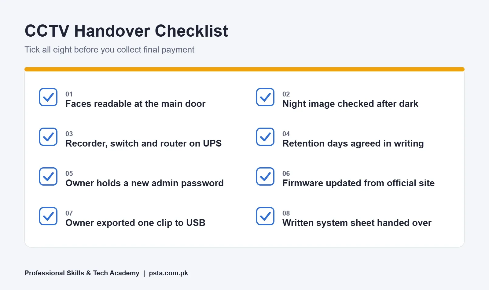Eight-point CCTV handover checklist for installers