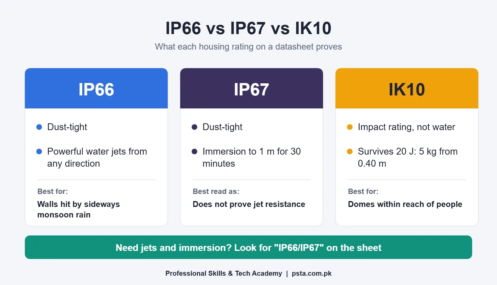 Comparison of IP66, IP67 and IK10 housing ratings for outdoor CCTV cameras