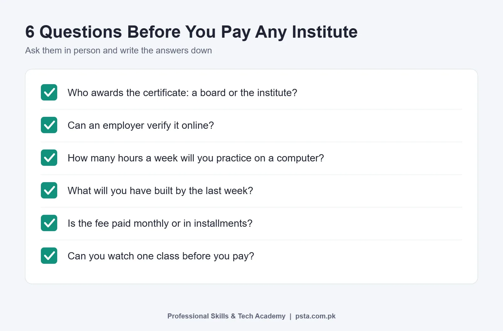 Checklist of six questions to ask an institute before paying course fees