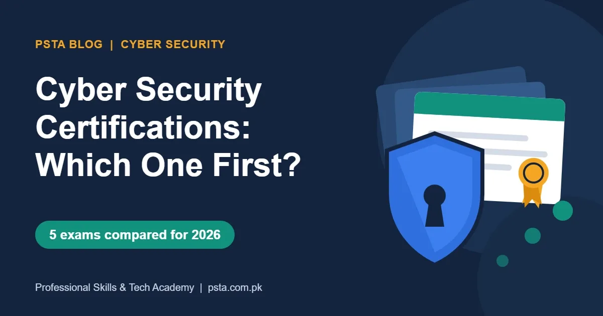 Cyber security certifications for beginners compared: PSTA blog poster with a shield and certificate illustration