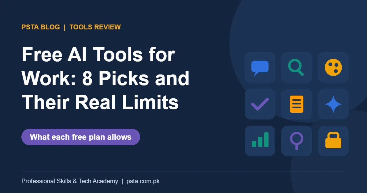 Free AI tools for work poster with icons for chat, research, design and writing tools