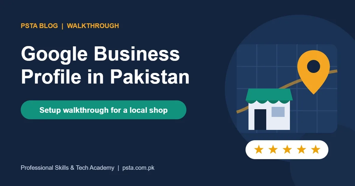 Google Business Profile in Pakistan setup walkthrough poster with a shop, map pin and review stars