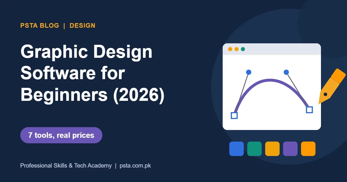 Graphic design software for beginners in 2026: PSTA blog poster with a pen tool curve and color swatches
