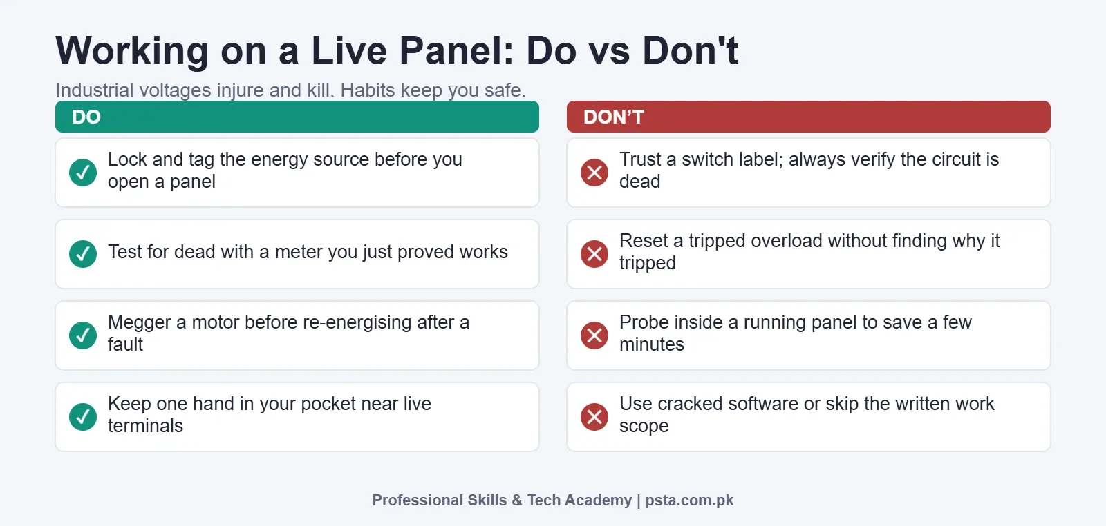 Do and don't safety checklist for working on a live industrial control panel, covering lockout tagout, testing for dead and megger testing