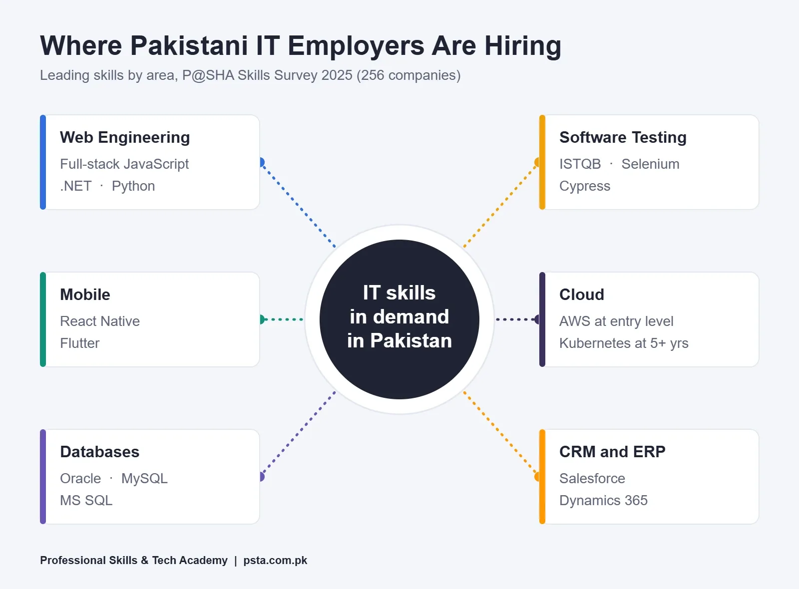 IT skills in demand in Pakistan by area: web, mobile, databases, cloud, testing and CRM, from the P@SHA Skills Survey 2025
