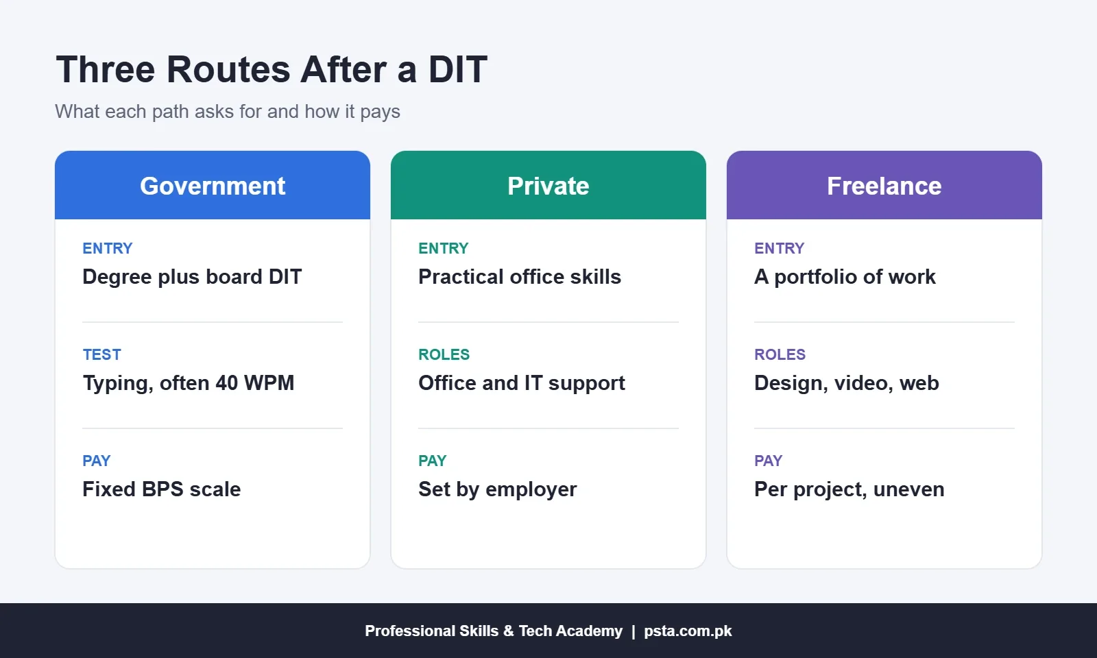 Comparison of government, private and freelance jobs after DIT: entry needs, roles and pay