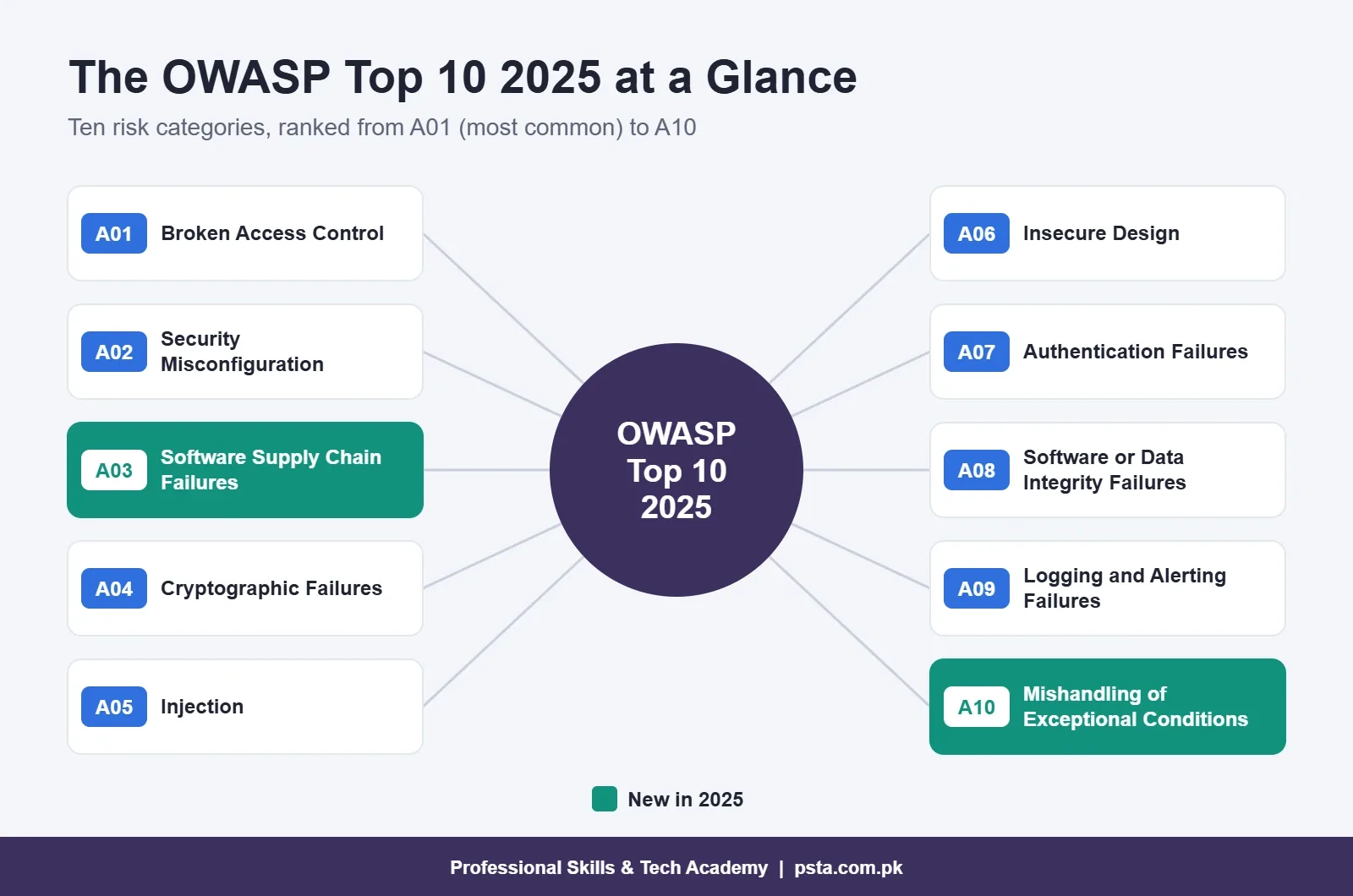 OWASP Top 10 2025 hub diagram showing all ten risk categories from A01 to A10
