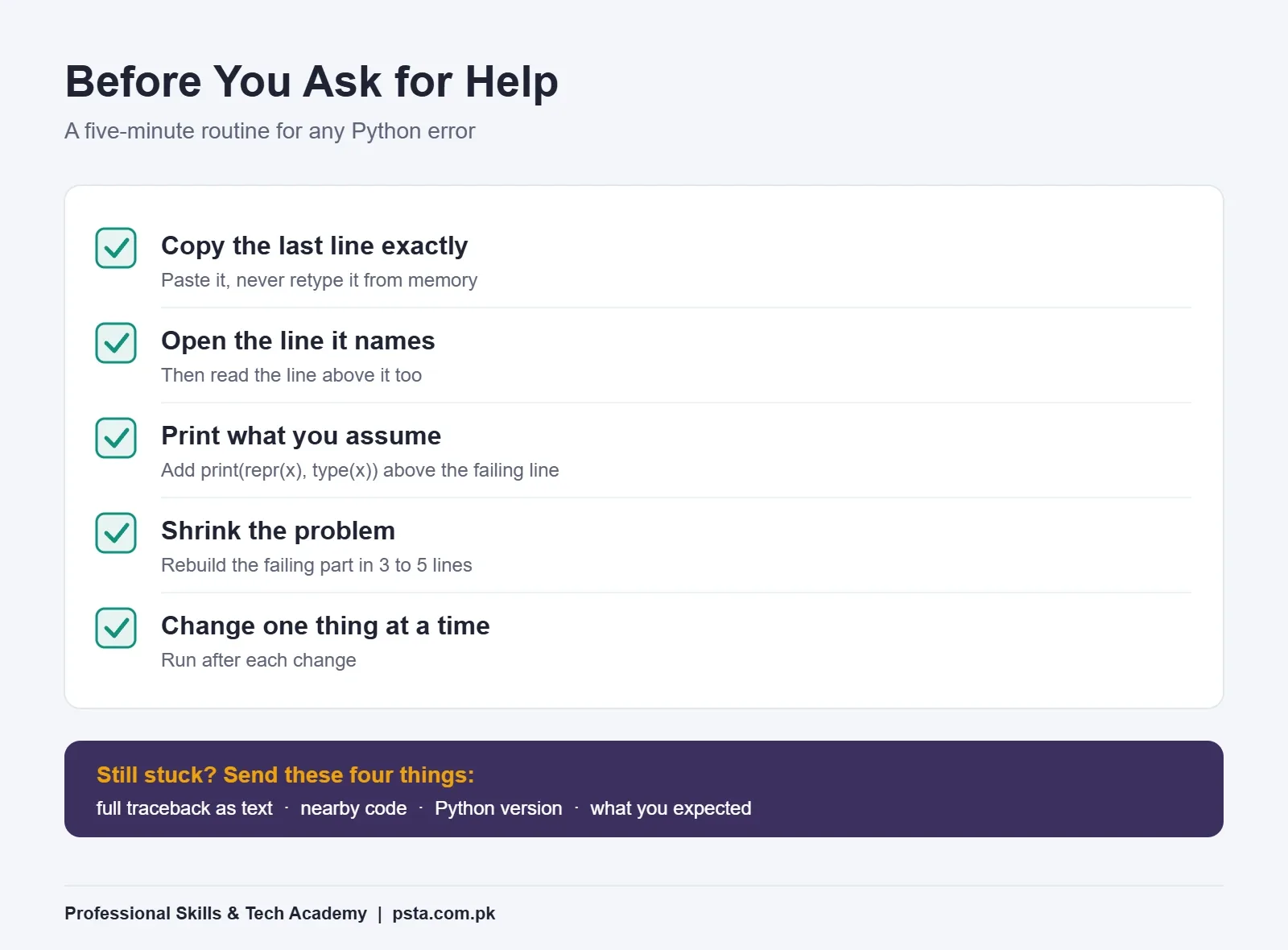 Five-step Python debugging checklist to follow before asking for help