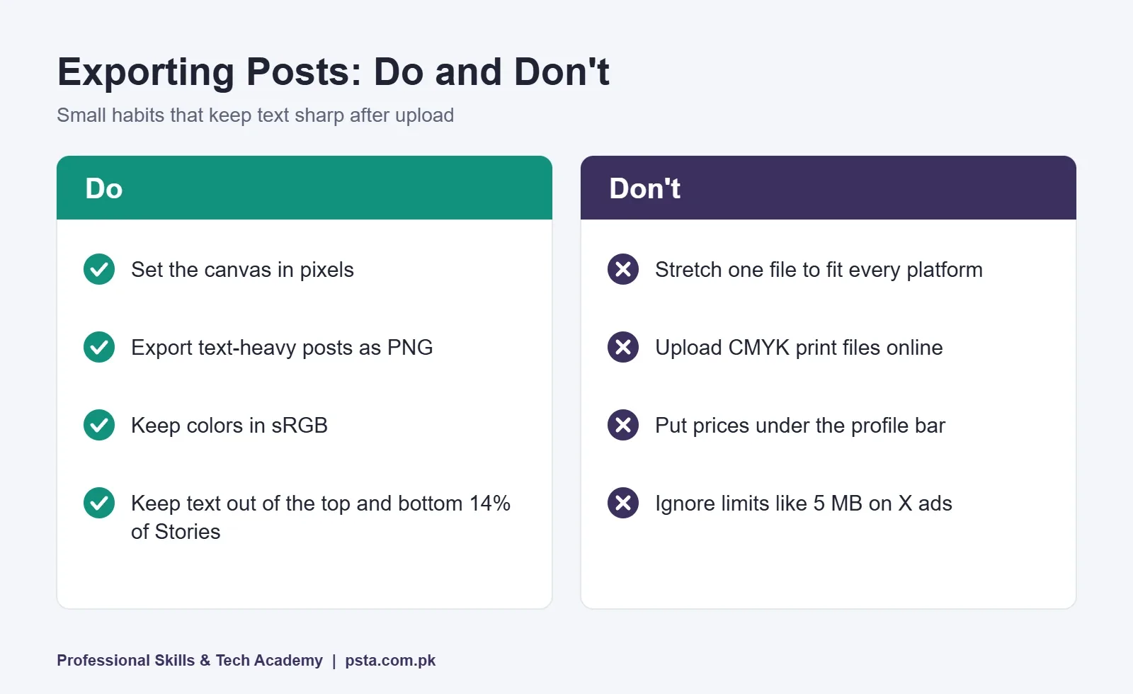 Do and don't list for exporting social media post sizes correctly