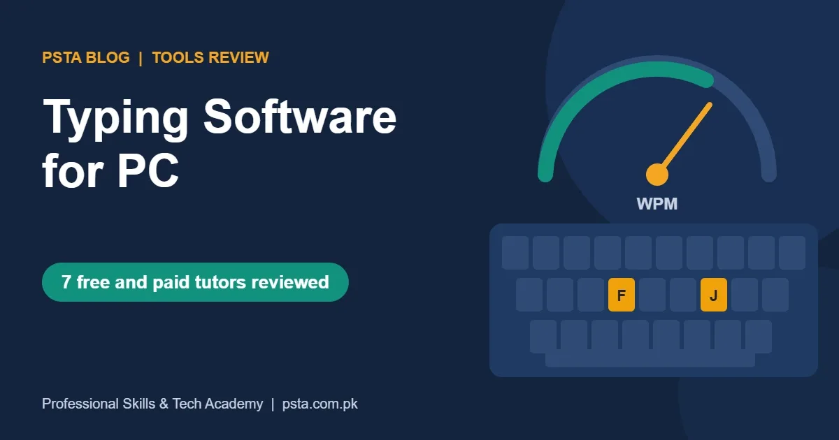 Typing software for PC review poster with a keyboard showing the F and J home keys and a WPM speed gauge