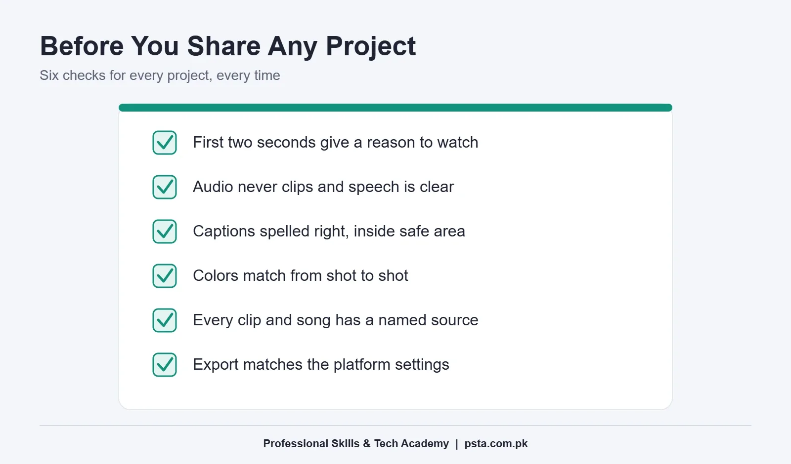 Six-point checklist to review a video editing project before sharing it