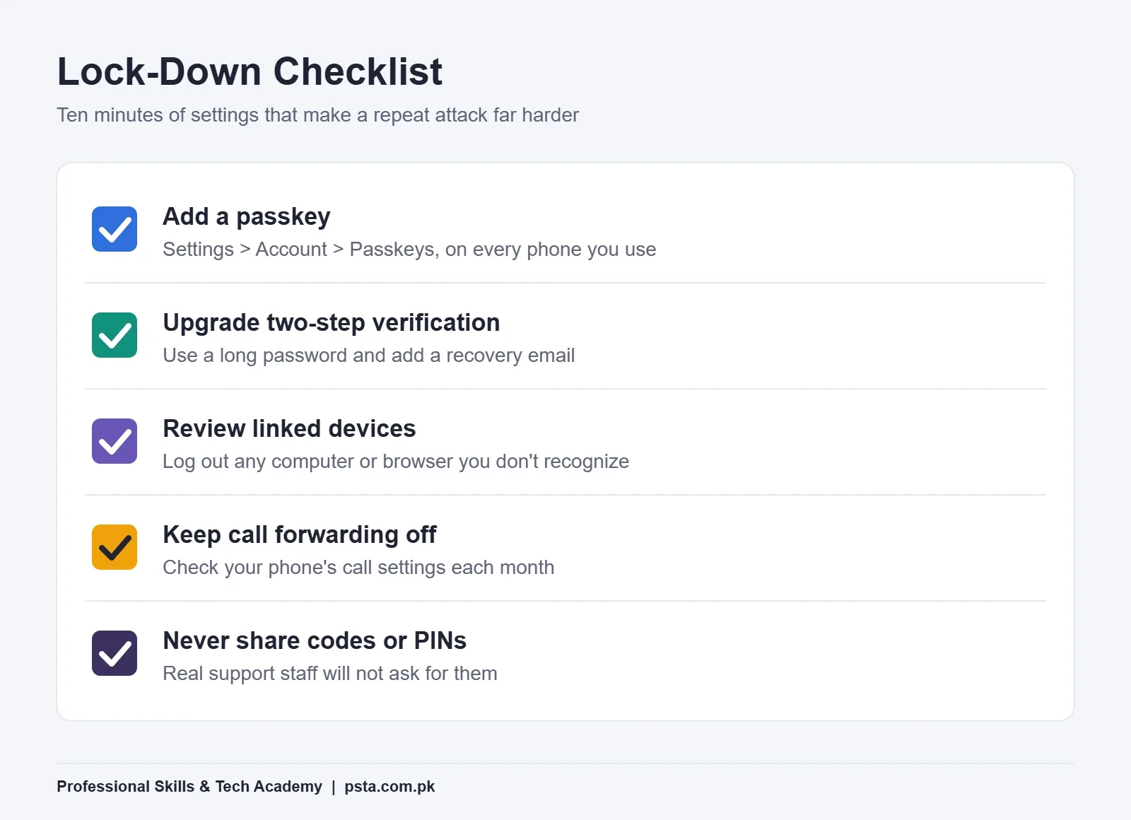 WhatsApp account hacked prevention checklist: add a passkey, upgrade two-step verification, review linked devices, keep call forwarding off