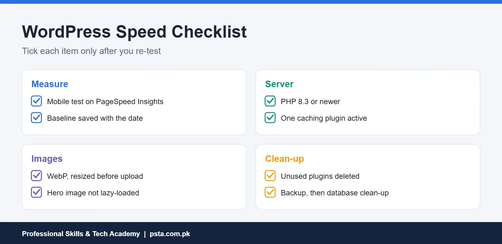 WordPress speed checklist covering measurement, server, images and clean-up